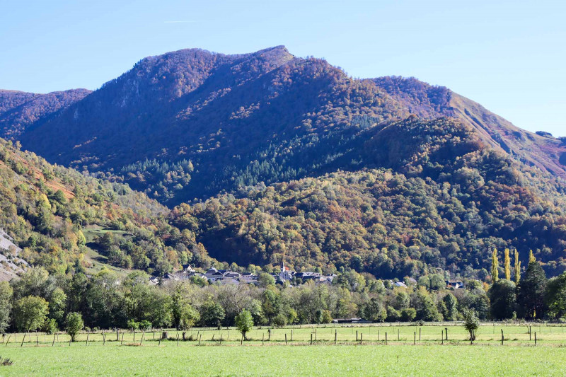 View of Aste at the foot of the mountains
